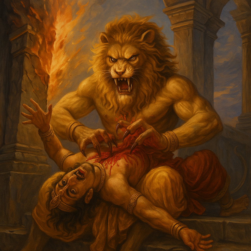 ord Narasimha, the lion-headed avatar of Vishnu, slaying the demon king Hiranyakashipu by tearing open his chest with his claws